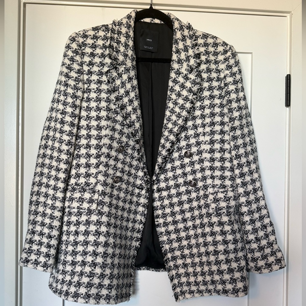 Mango Black and White Houndstooth Double-Breasted Blazer